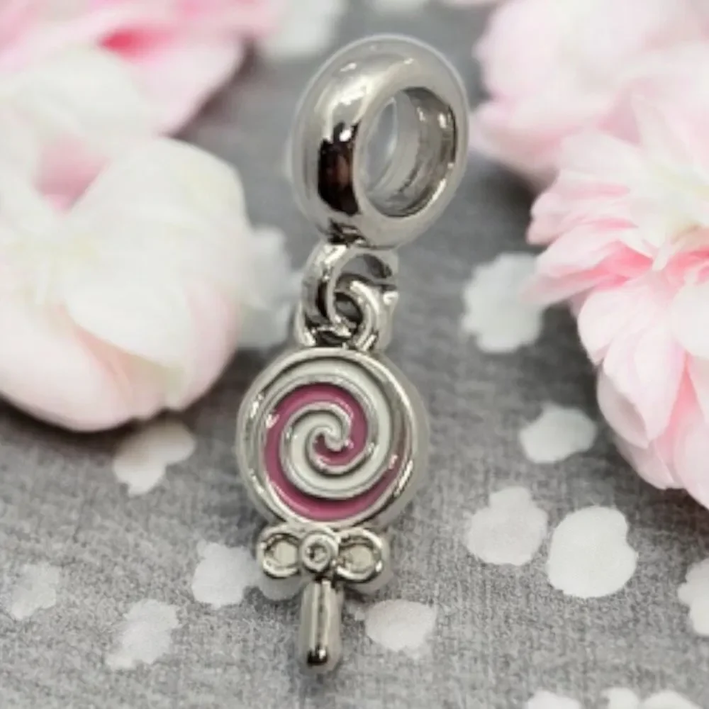 Pink Swirl Lollipop 3D Bracelet Charm Silver Carnival Party Jewelry Summer Fun